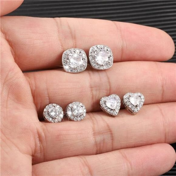 Sterling Silver Stud Earrings for Women Girls Cubic Zirconia - Picture 5 of 7